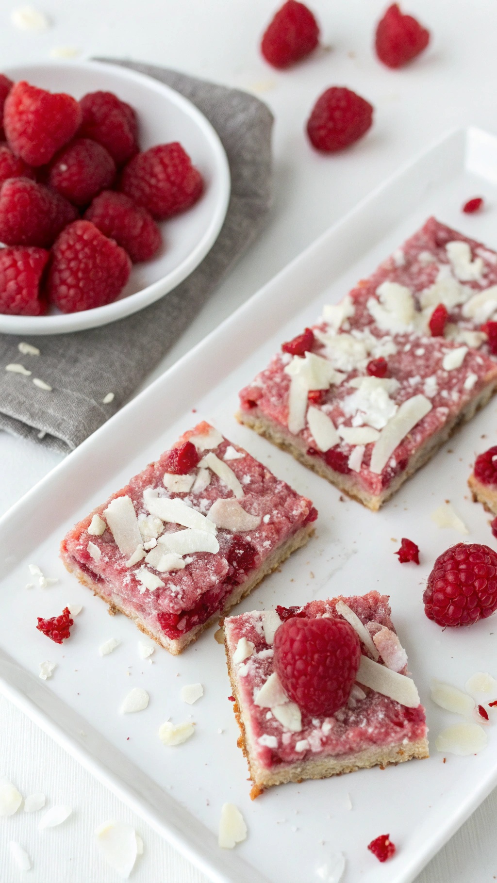 A plate of raspberry coconut bliss bars topped with fresh raspberries and coconut flakes.