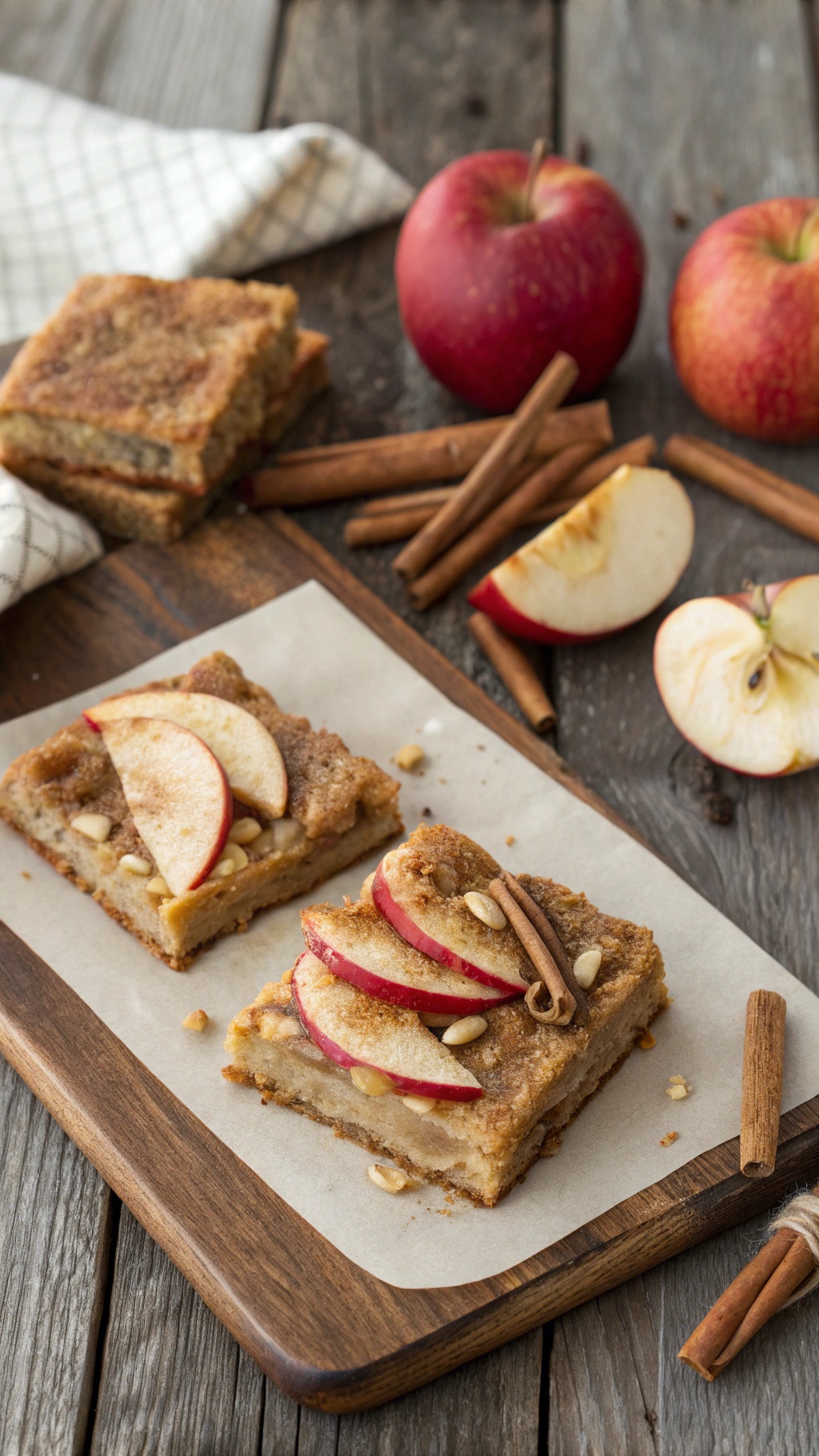 Delicious spiced apple bliss bars topped with apple slices and cinnamon sticks, served on a wooden platter.