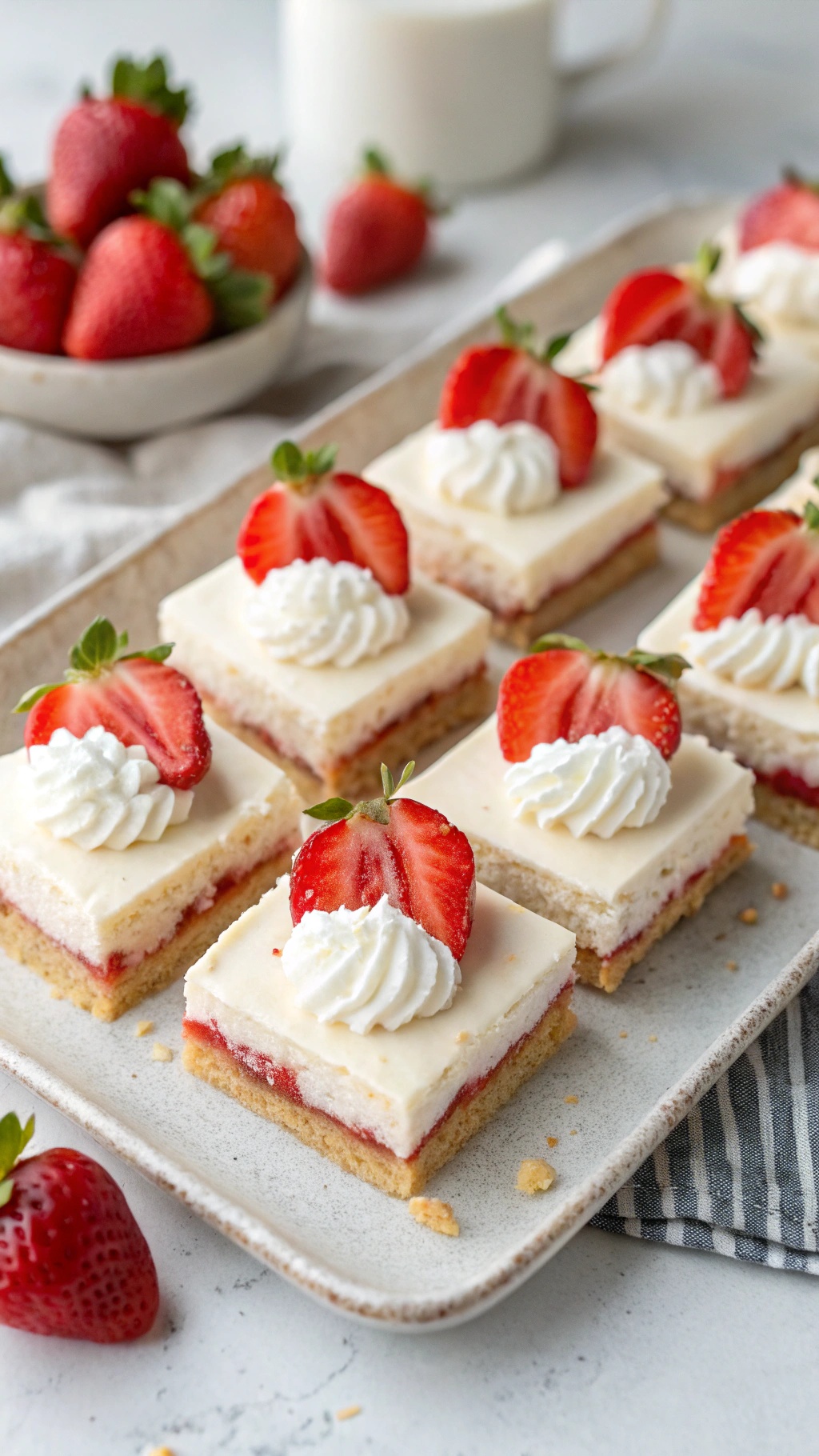 A tray of Strawberry Shortcake Bliss Bars topped with fresh strawberries and whipped cream.