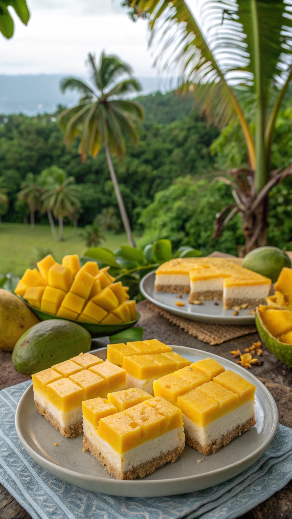 Tropical Mango Bliss Bars with fresh mangoes and a green landscape in the background