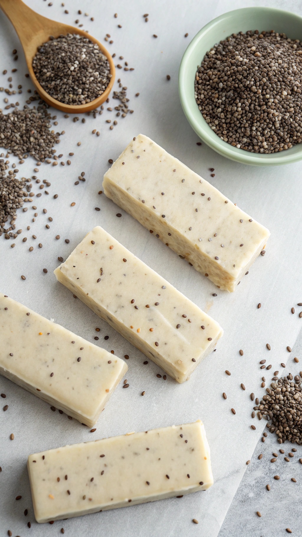 Vanilla chia seed bliss bars on a marble surface with chia seeds scattered around.