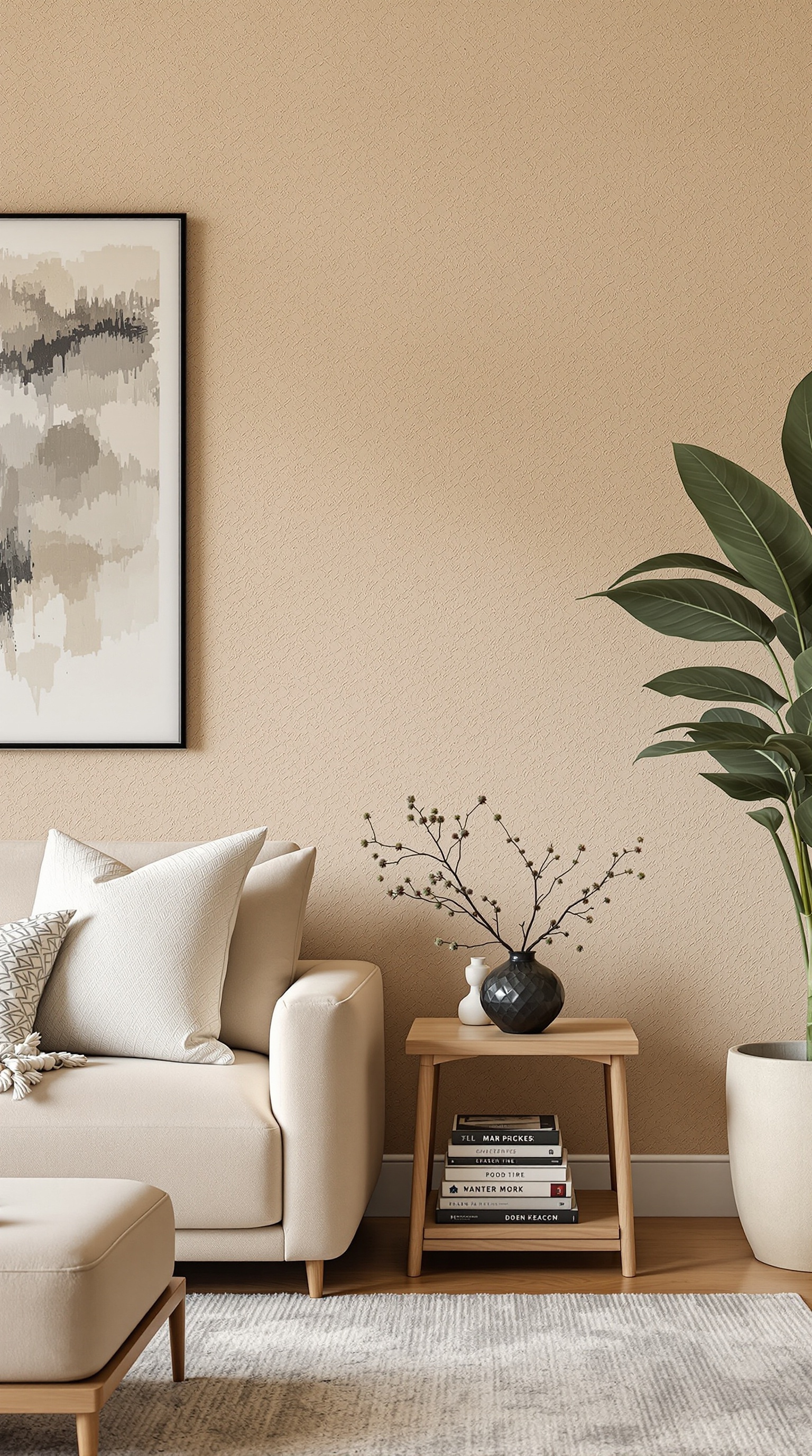 A warm neutral living room featuring a textured accent wall, cozy furniture, and soft lighting.