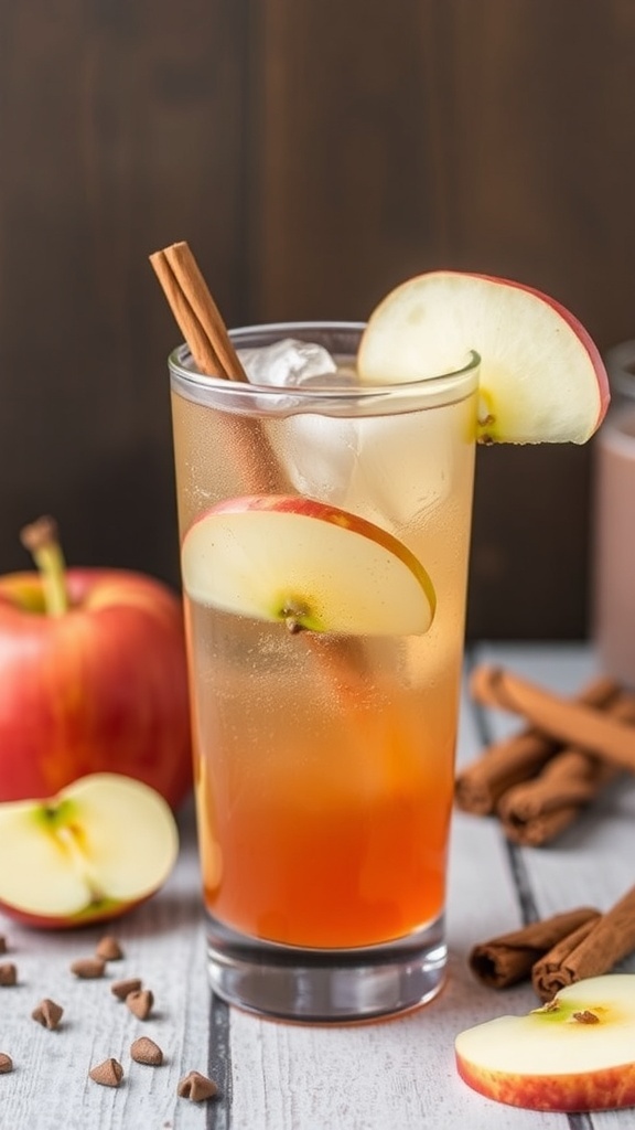 A refreshing Apple Cinnamon Sparkling Mocktail served in a glass with apple slices and cinnamon sticks.
