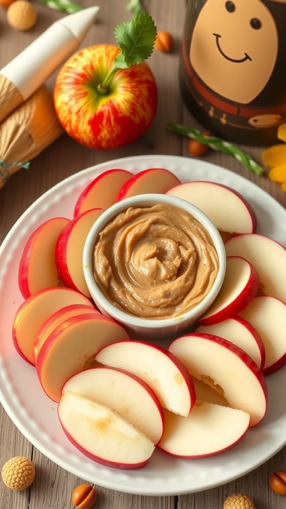 A plate of apple slices arranged around a bowl of nut butter, with a whole apple and some nuts in the background.