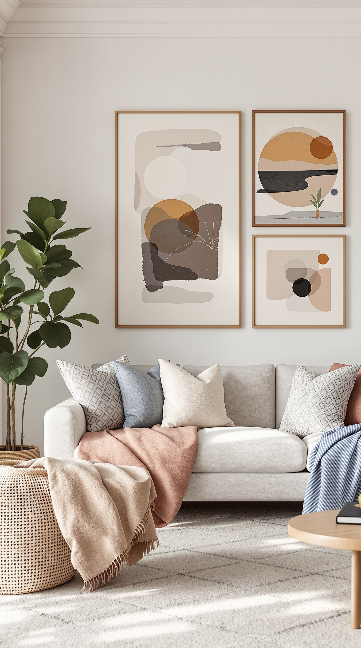 A warm neutral living room featuring artistic wall decor with framed pictures and natural elements.