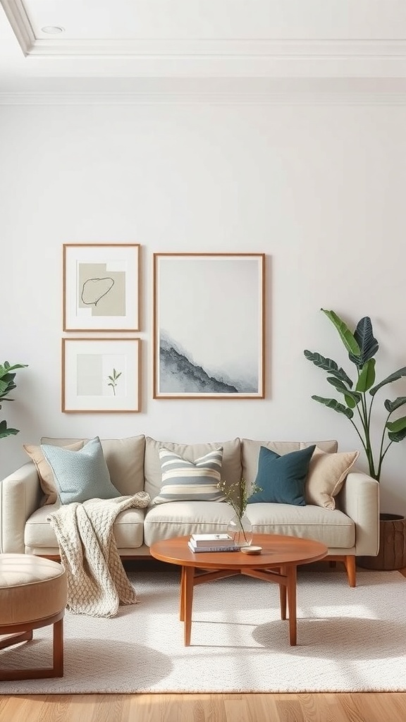 A cozy minimalist living room featuring artistic wall decor with framed art and plants.