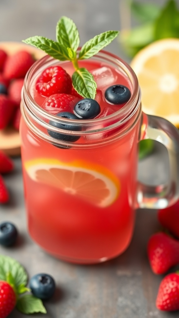 A refreshing glass of Berry Basil Lemonade with raspberries, blueberries, and a sprig of mint.