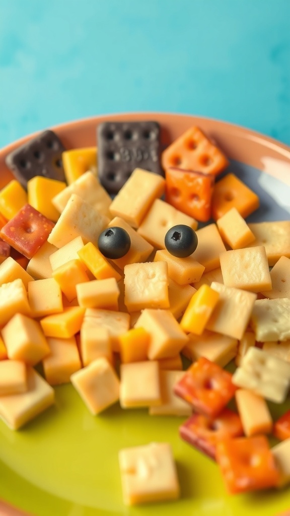 A colorful plate with various cheese cubes and crackers, garnished with blueberries.