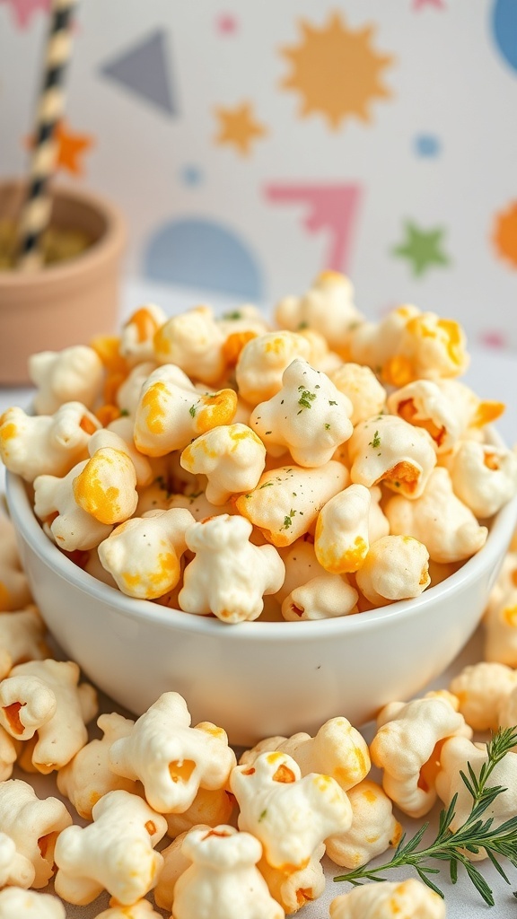 A bowl of cheesy popcorn bites with colorful background