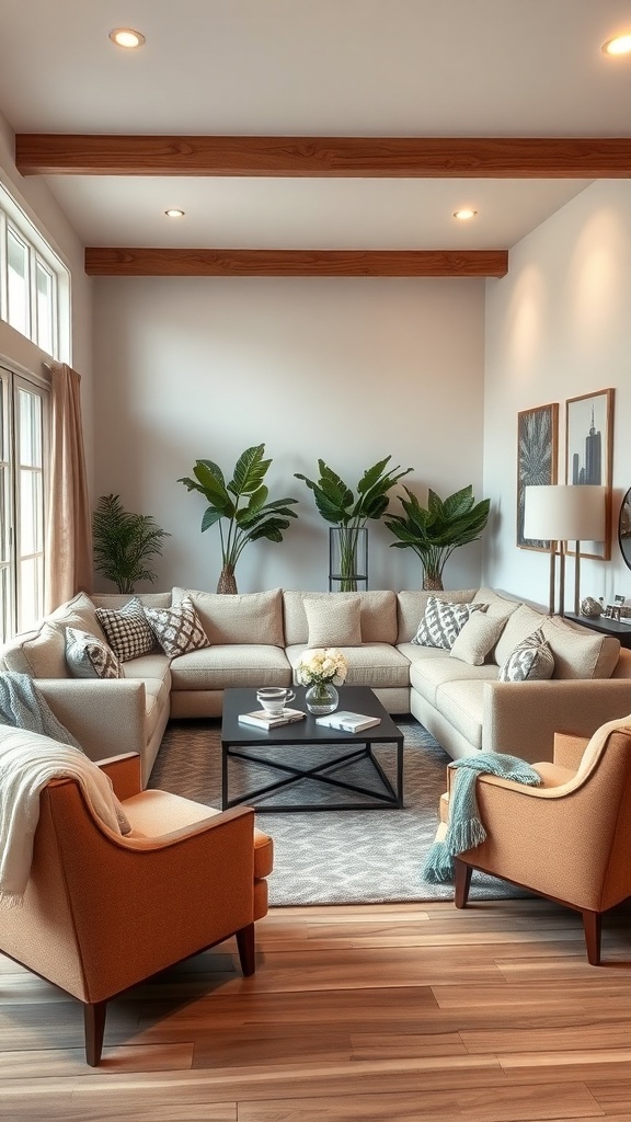 A cozy minimalist living room featuring a spacious sectional sofa, accent chairs, and plants.