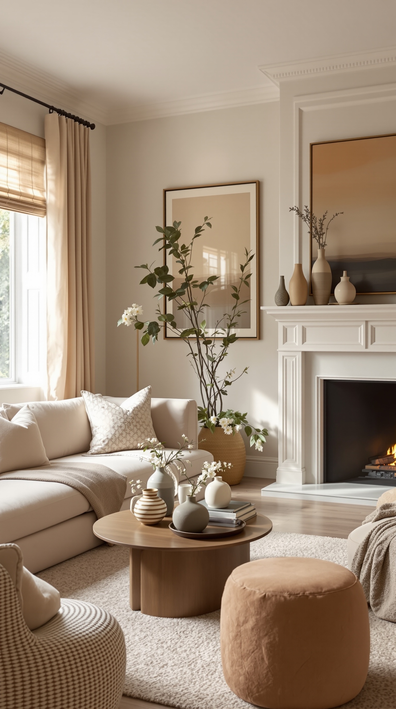 A warm neutral living room with beige and cream tones, accented by orange pillows and plants.