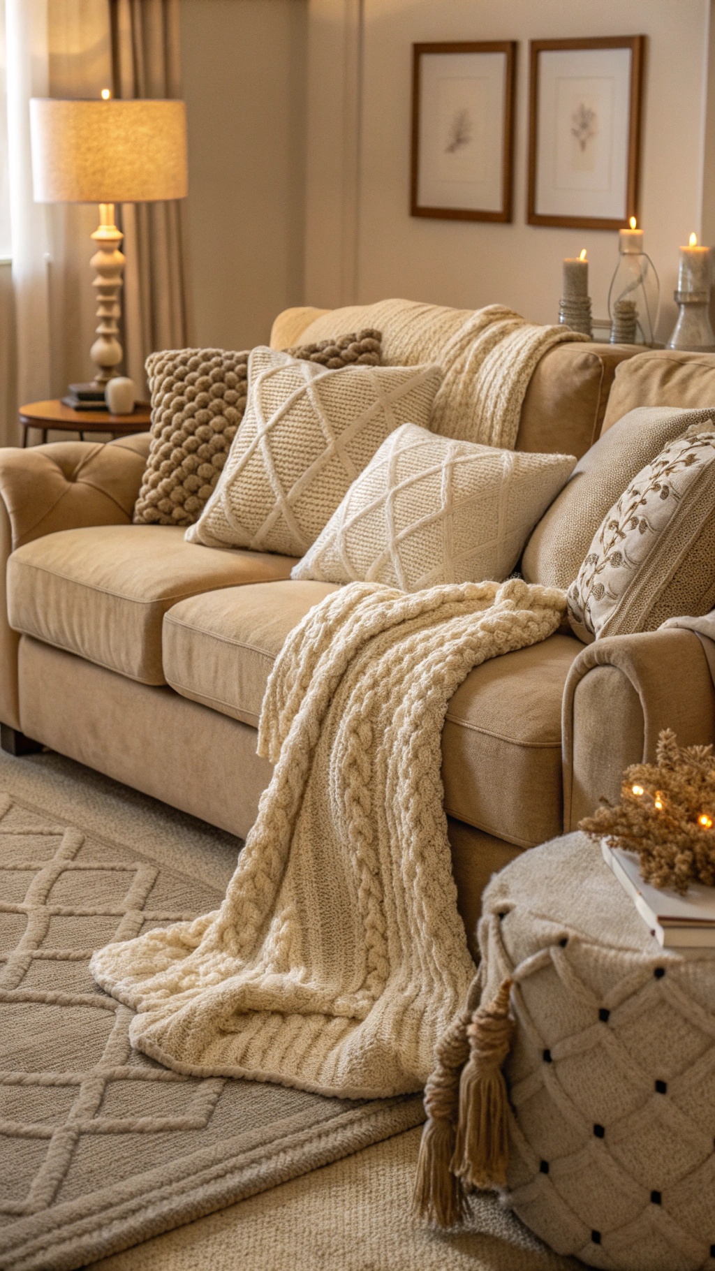 A cozy beige living room with a soft couch, knitted pillows, and a textured pouf.