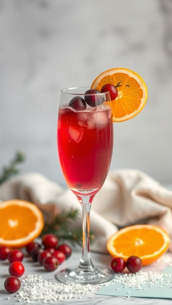 A refreshing Cranberry Orange Fizz mocktail garnished with cranberries and an orange slice.