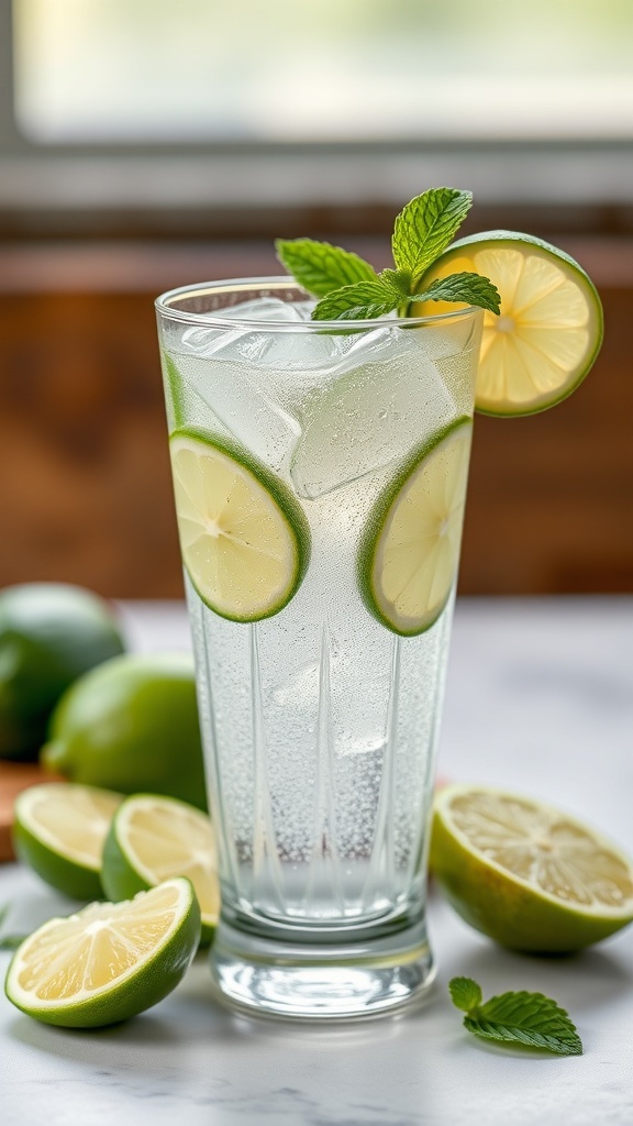 A refreshing cucumber lime sparkler mocktail with mint and lime slices.