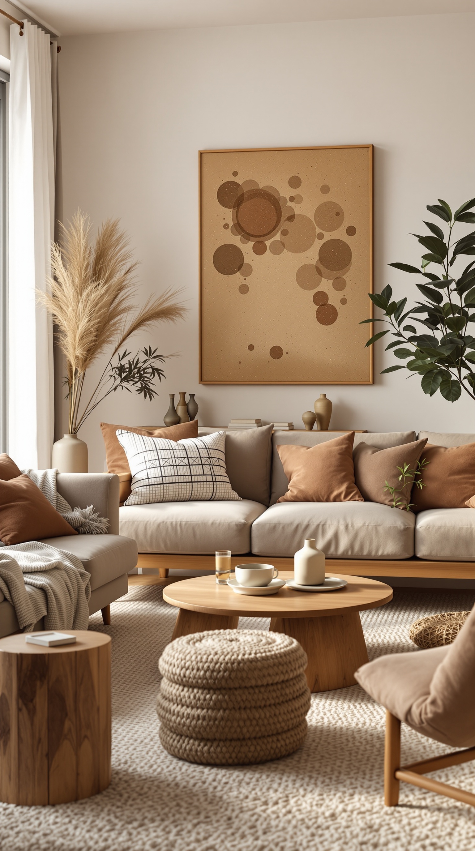 A warm neutral living room featuring earthy brown accents, cozy furniture, and a fireplace.