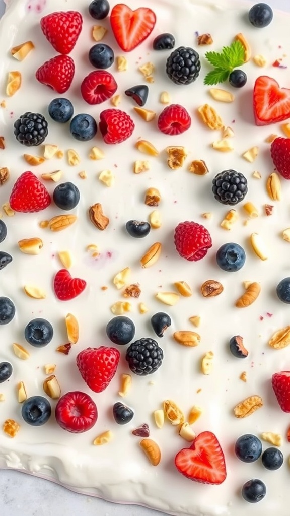 Frozen yogurt bark topped with various berries and nuts