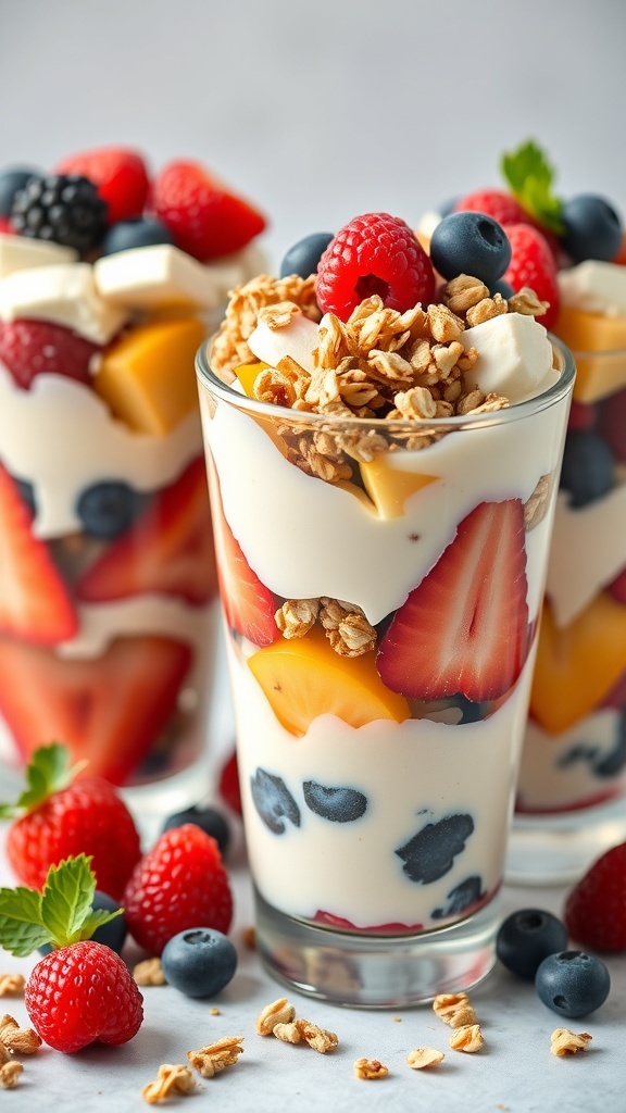 Colorful fruit and yogurt parfaits in glasses, topped with granola and fresh berries.