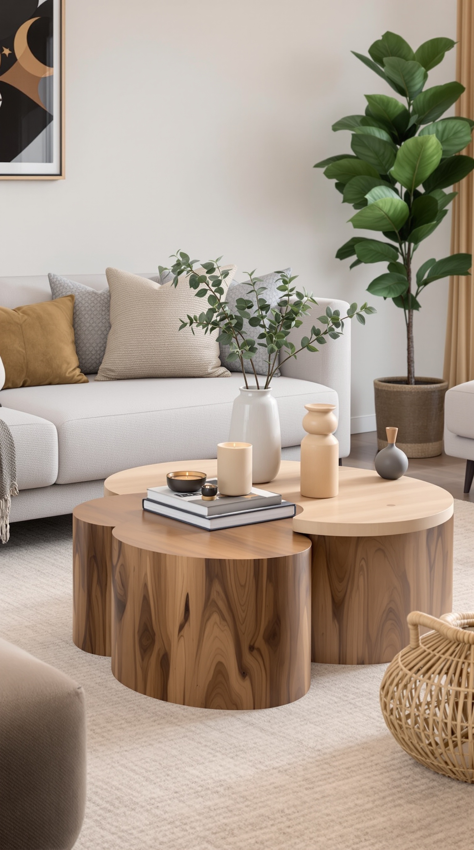 A warm neutral living room featuring a wooden coffee table, comfortable sofas, and decorative elements.