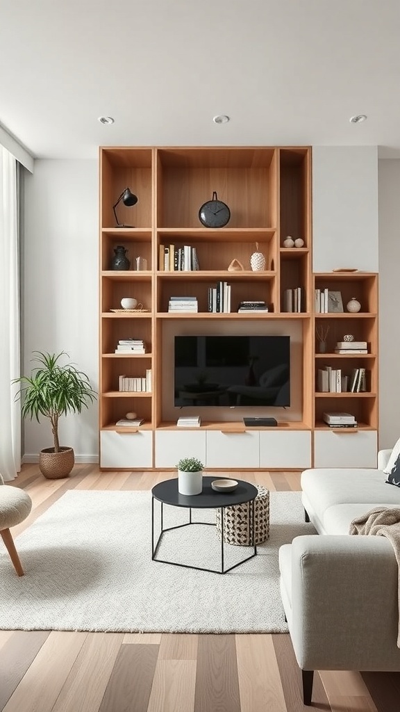 A cozy minimalist living room featuring a wooden shelving unit, a black coffee table, and a potted plant.