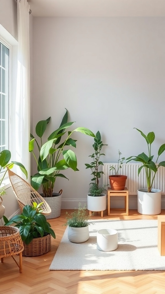 A cozy minimalist living room featuring various indoor plants in stylish pots.