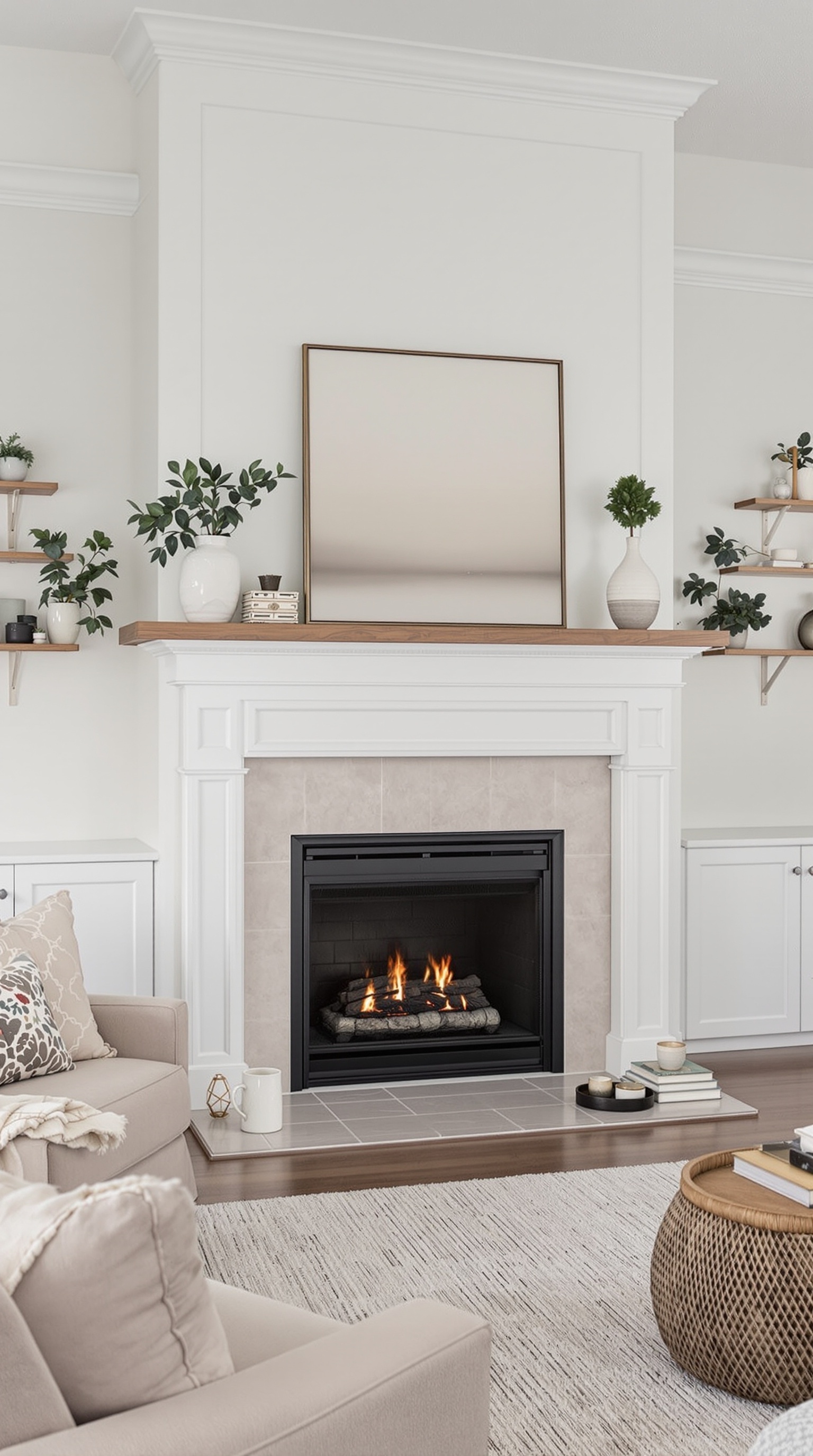 Warm neutral living room with a fireplace and cozy seating.