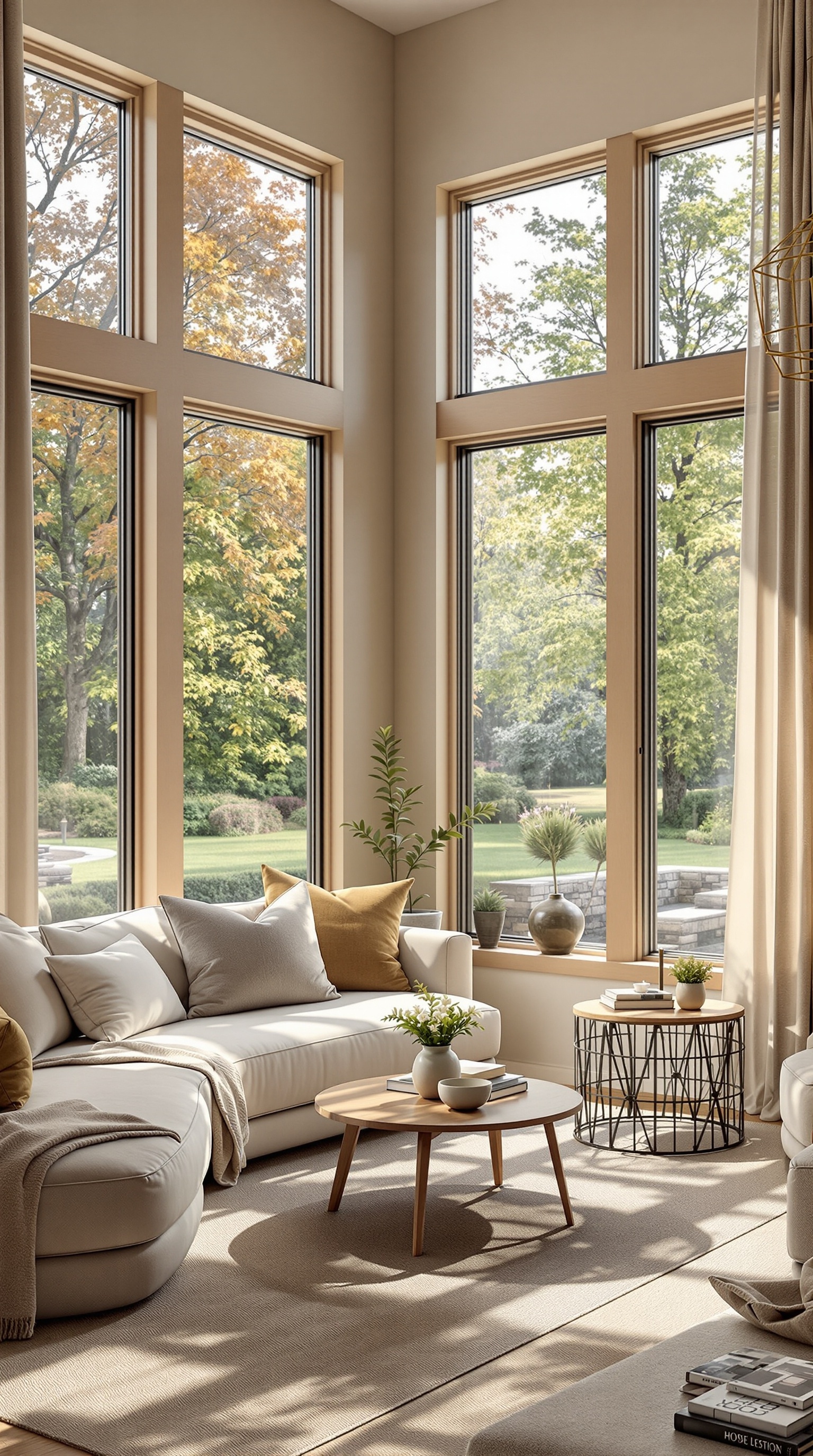 A warm neutral living room with large windows showcasing outdoor views.