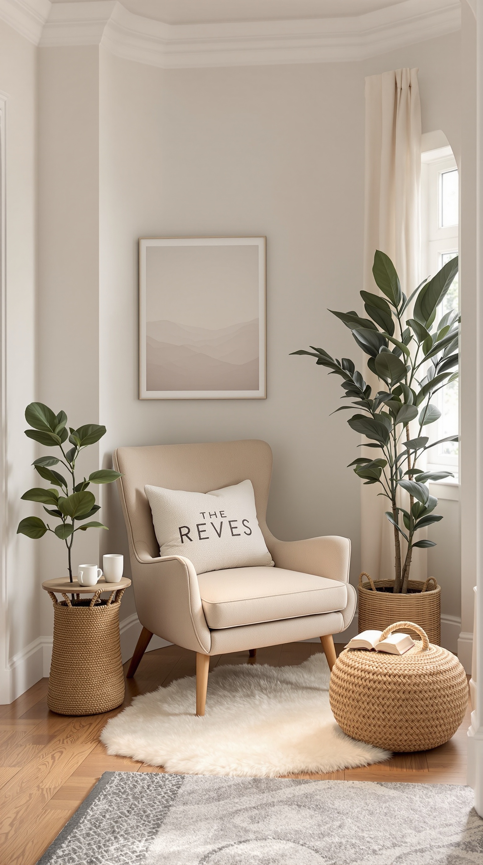 Cozy reading nook with a soft chair, side table, and warm neutral tones.