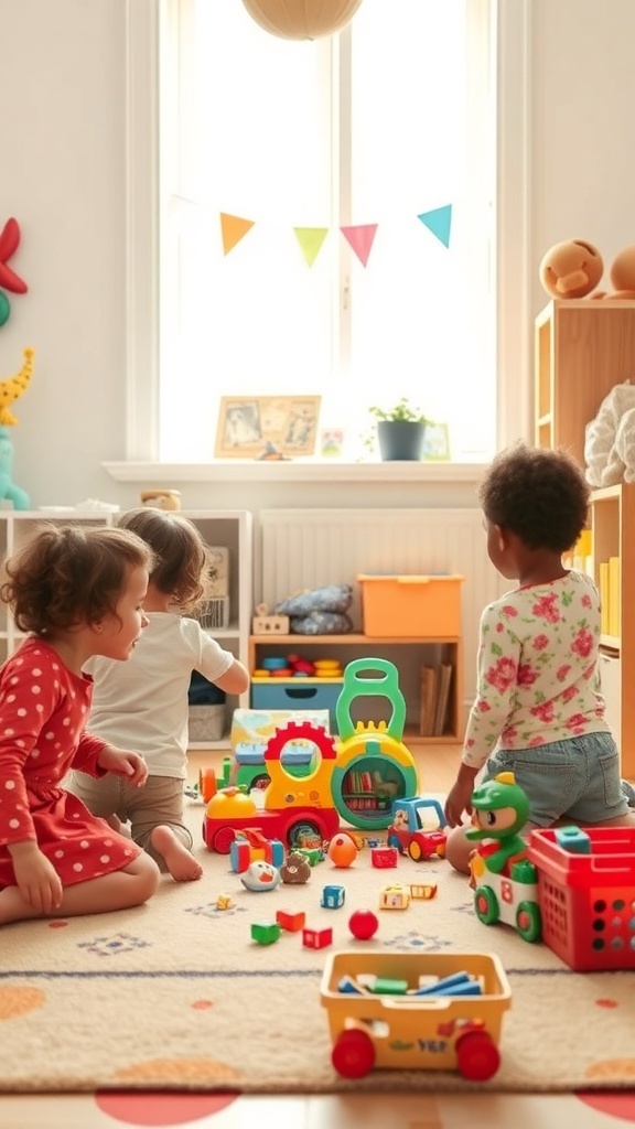 Two children playing in a bright room filled with toys, encouraging organization.