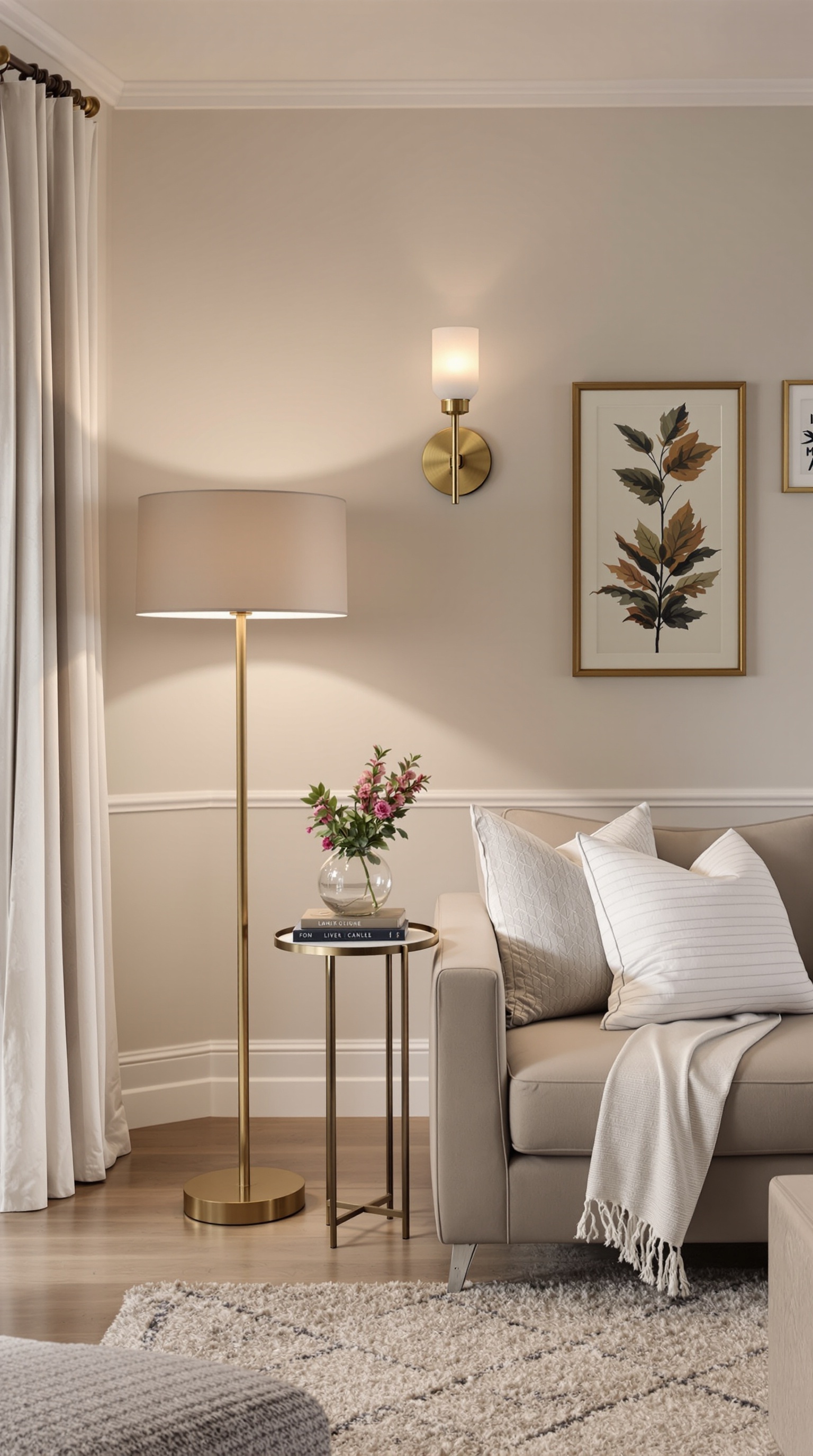 A warm neutral living room with layered lighting, featuring wall sconces, a floor lamp, and table lamps.
