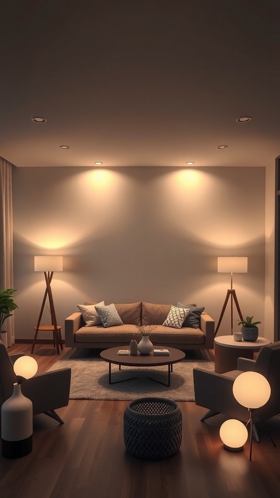 Cozy minimalist living room with layered lighting options