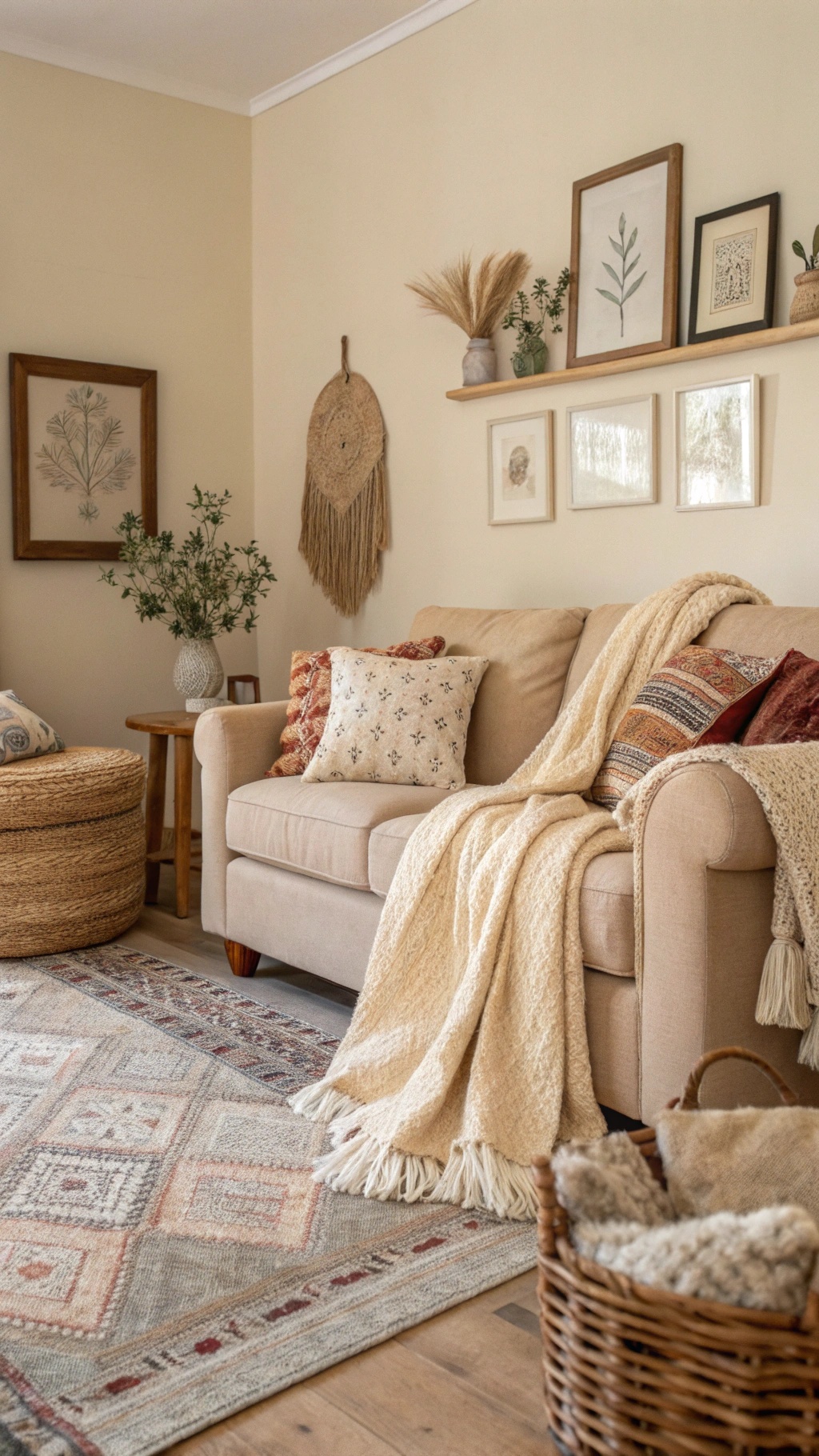 A warm neutral living room with layered textiles, including cushions, throws, and a rug.