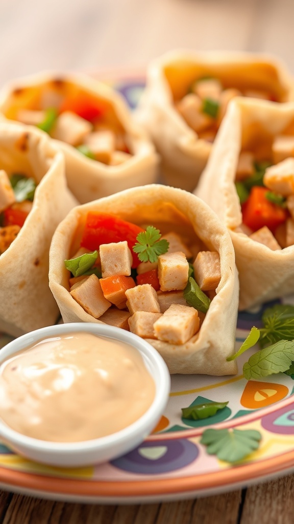 Mini pita pockets filled with turkey and vegetables, served with a dip