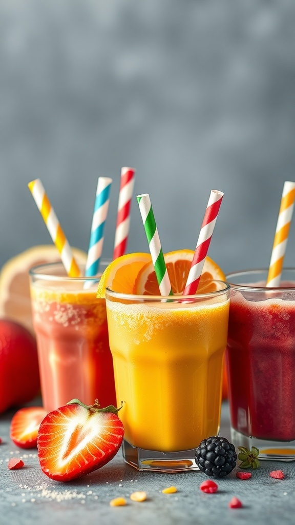 Colorful mini smoothie cups with straws and fresh fruit