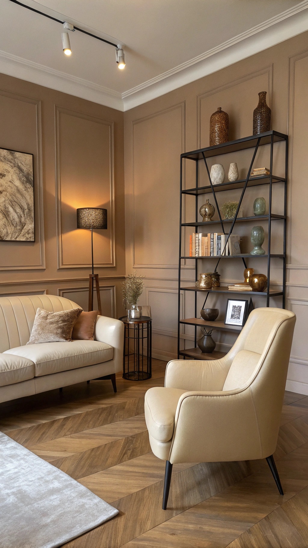 A warm neutral living room featuring a blend of vintage and modern furniture.