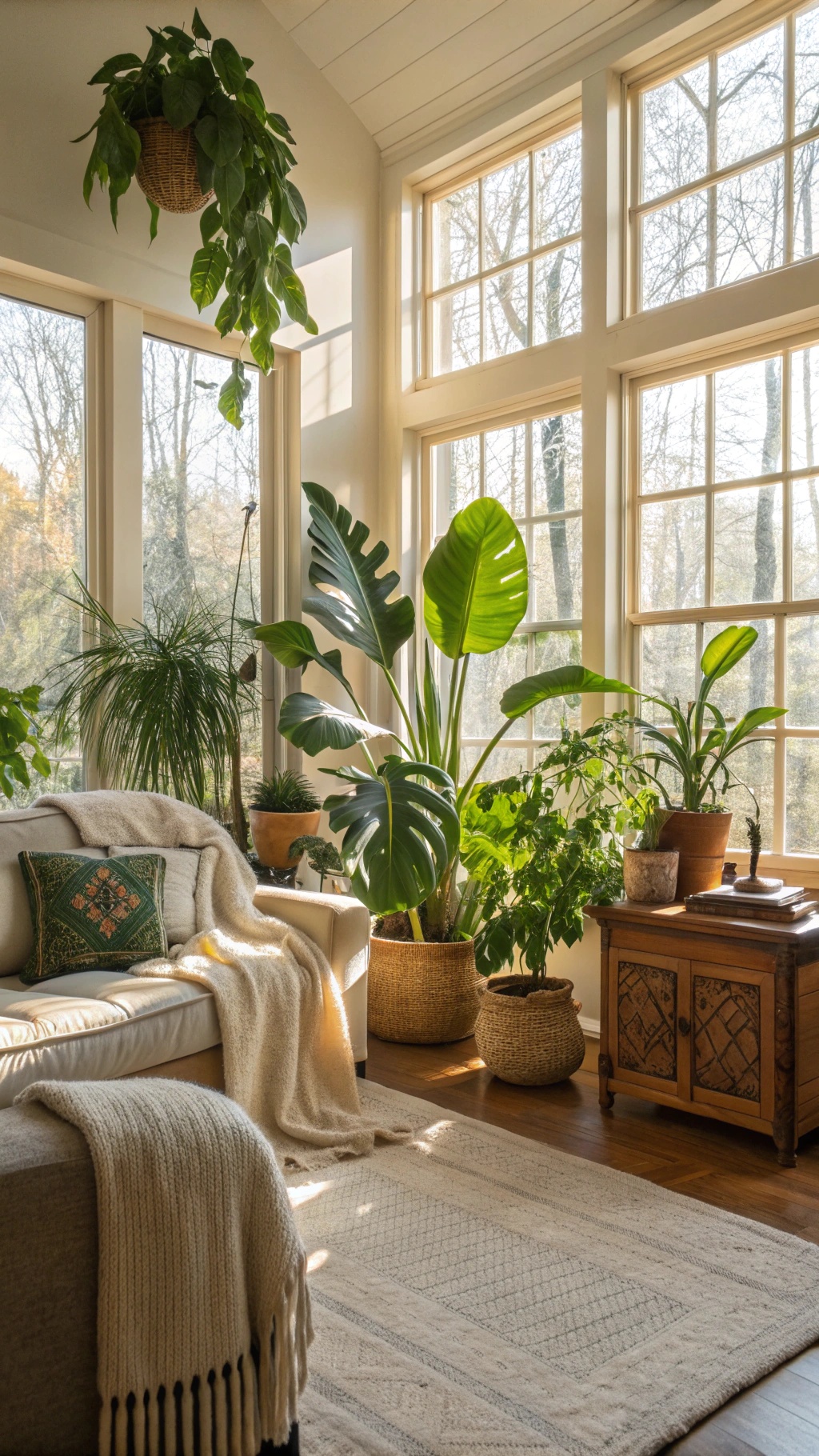 Bright living room with large windows and various indoor plants.