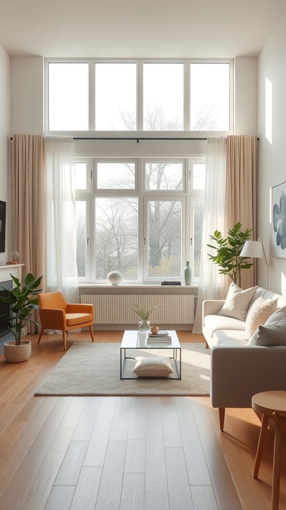 Bright and airy minimalist living room with large windows, plants, and simple furniture.