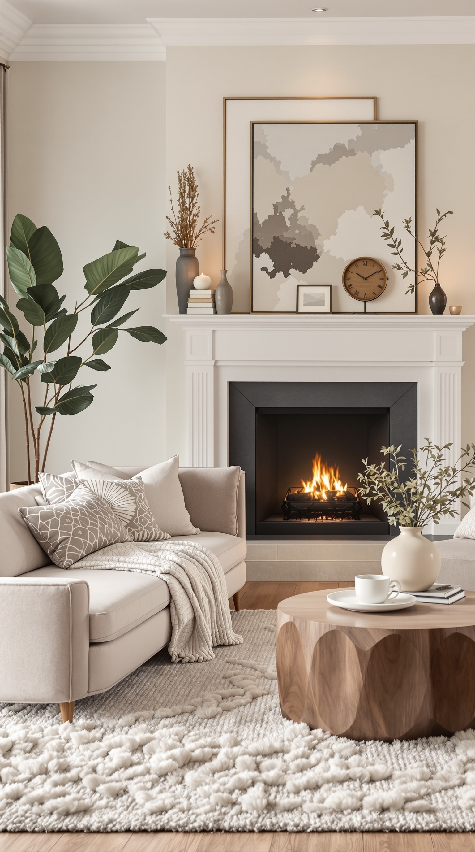 A warm neutral living room featuring soft beige and gray tones with earthy accents.