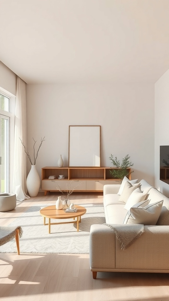 Cozy minimalist living room with neutral color palette featuring a light sofa, wooden furniture, and minimal decor.