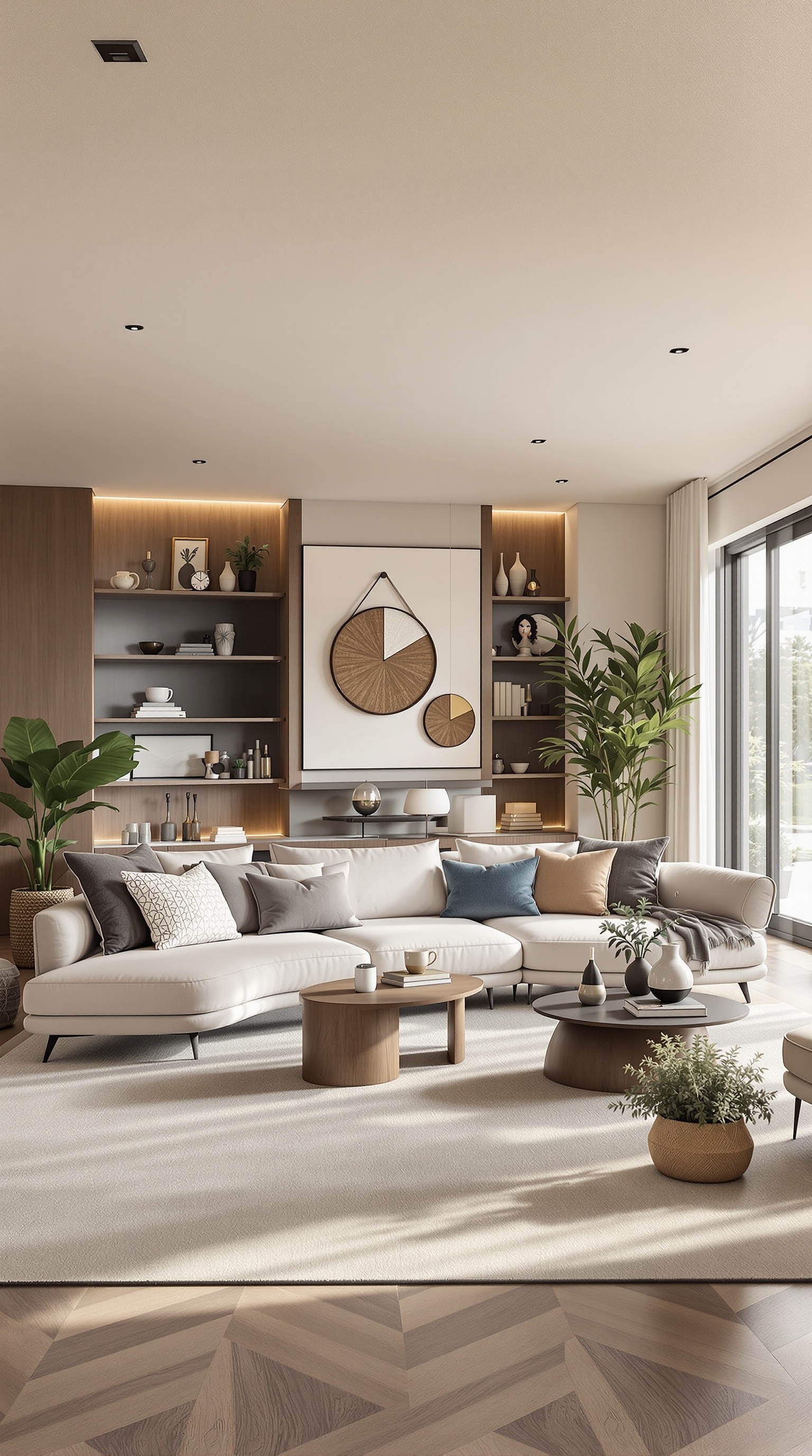 A warm neutral living room with large windows, modern furniture, and a cozy atmosphere.