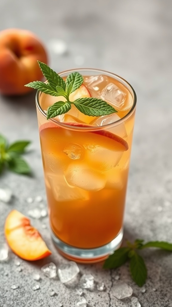 A refreshing Peach Iced Tea Mocktail garnished with mint and peach slices.