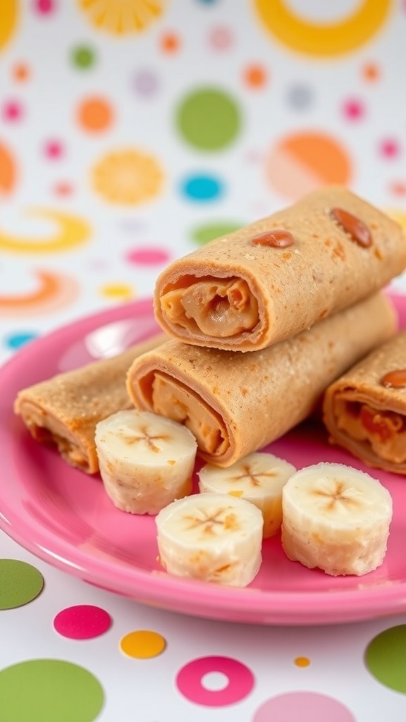 Peanut Butter Banana Roll-Ups on a pink plate with banana slices