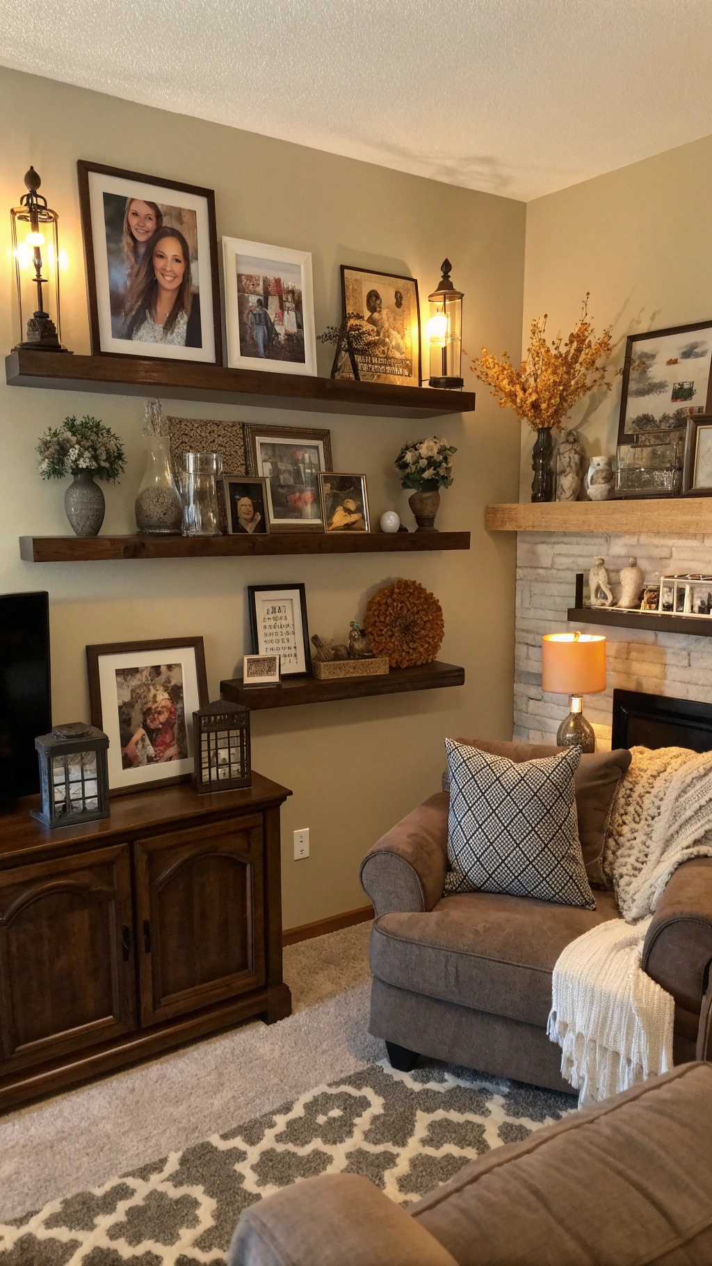A cozy living room with personalized accessories, featuring framed art, decorative pillows, and plants.