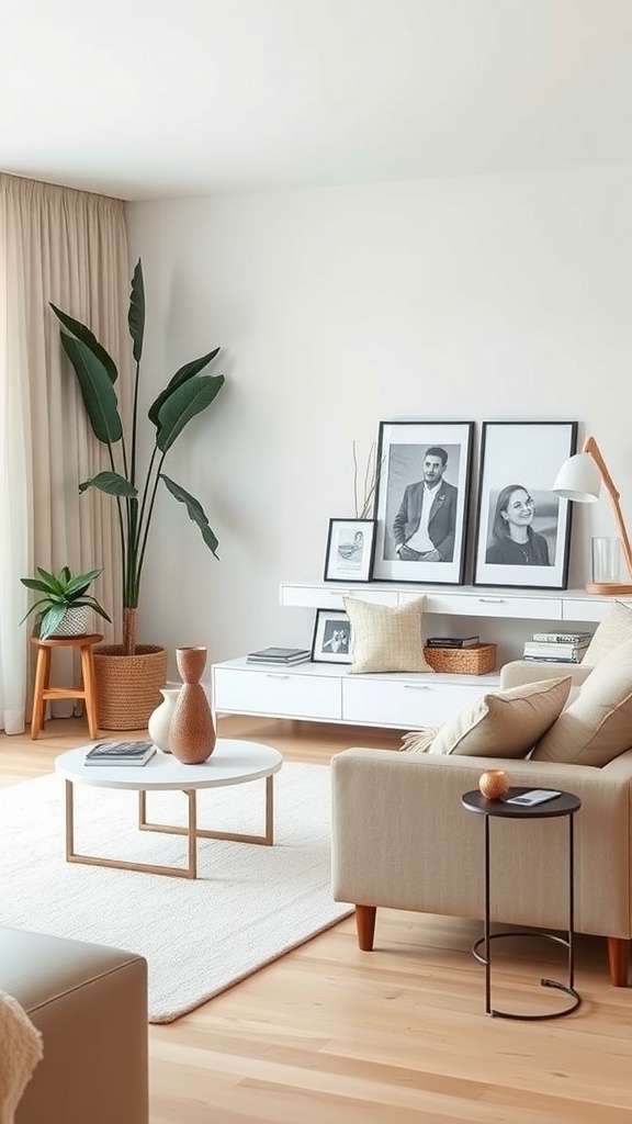 Cozy minimalist living room with framed photos, plants, and simple decor.