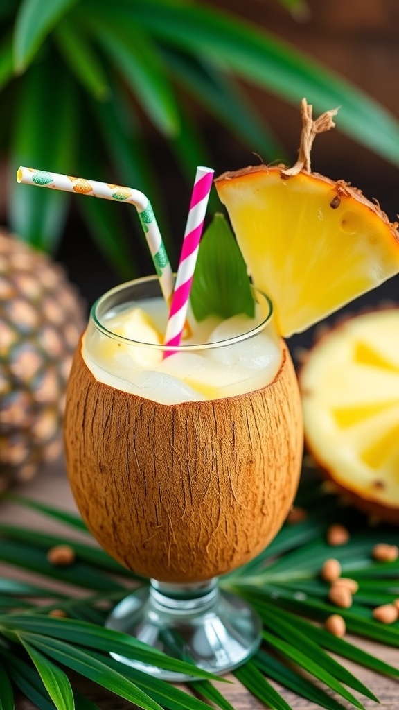 A refreshing Pineapple Coconut Fizz mocktail served in a wooden glass with colorful straws and a slice of pineapple.