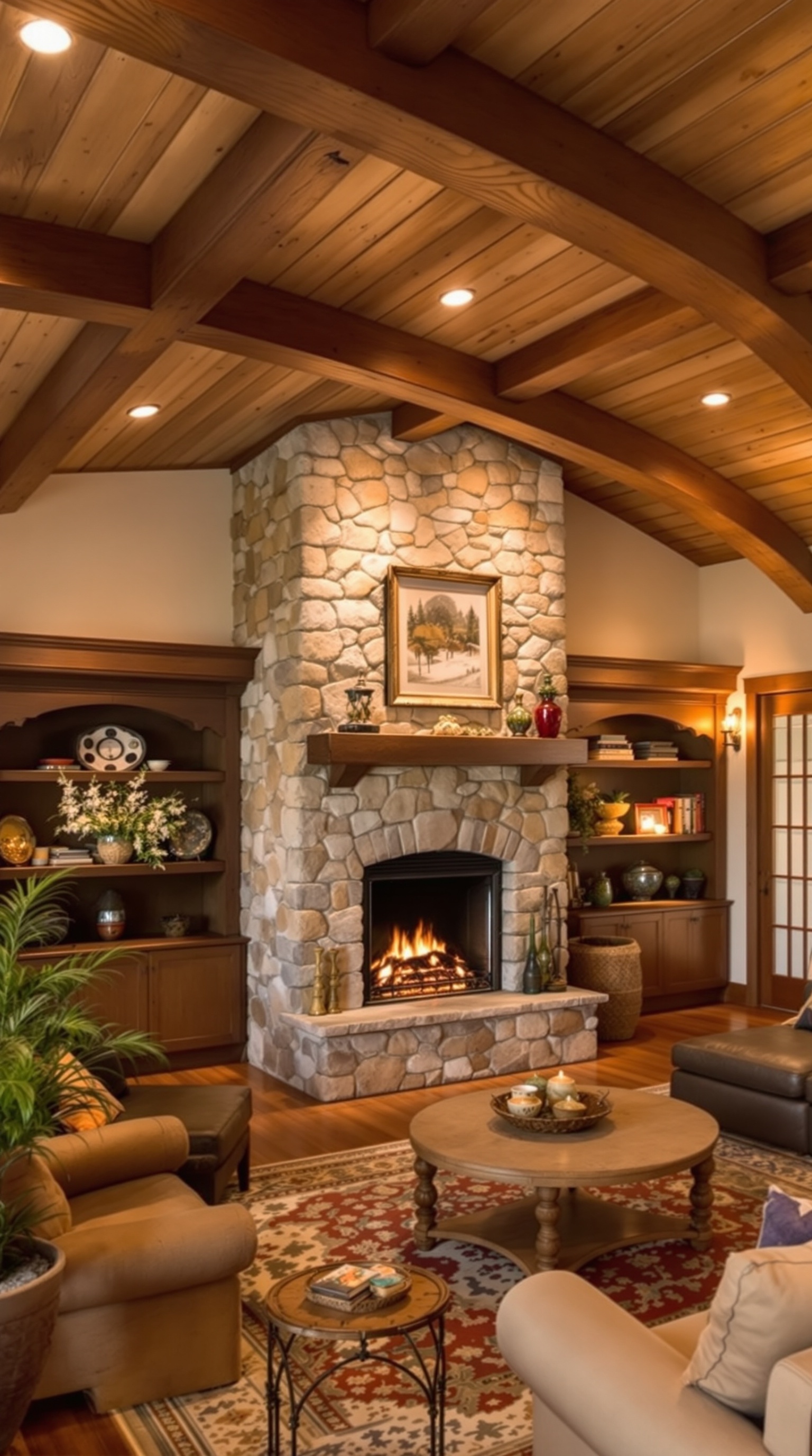 A warm neutral living room featuring rustic wooden beams and a stone fireplace.