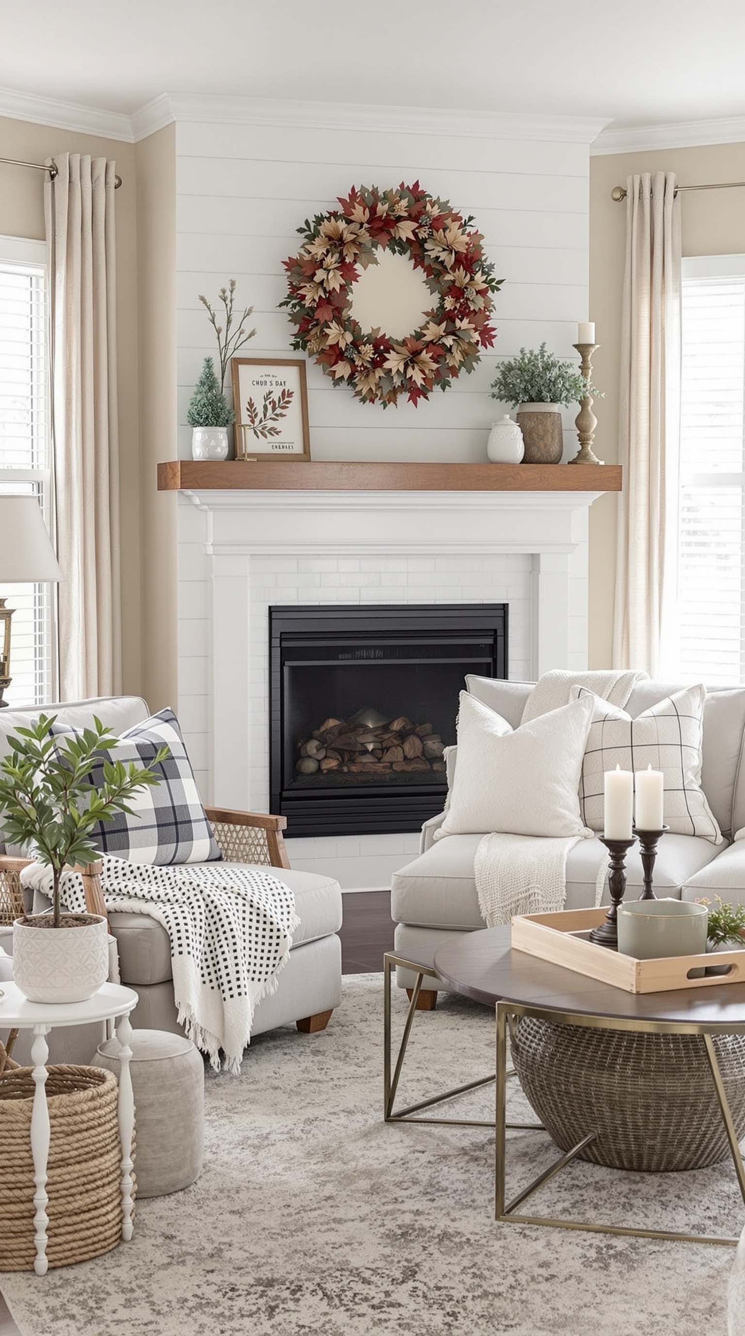 A warm neutral living room decorated for the season with a wreath, a small tree, and bright pillows.