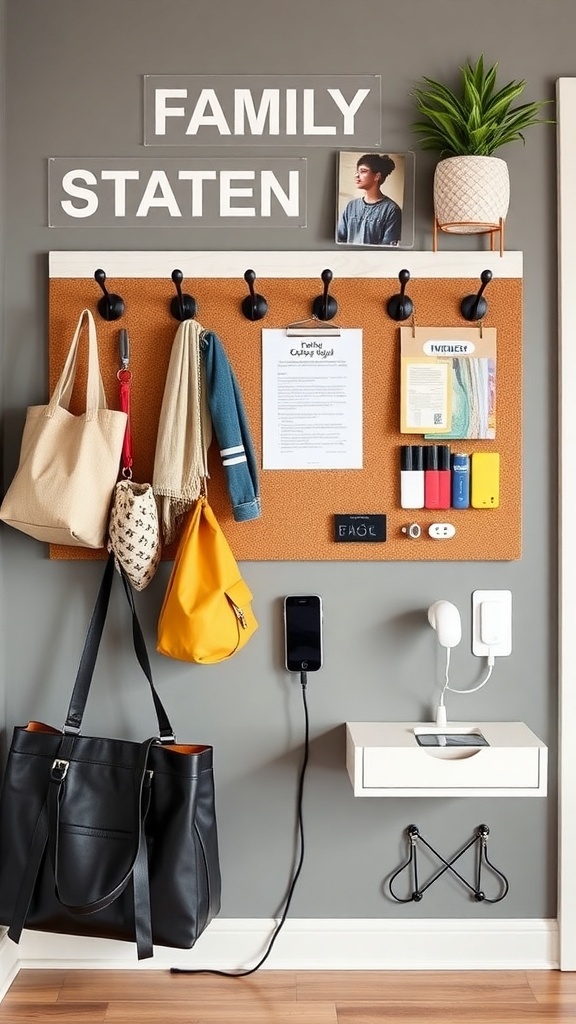 A well-organized command center featuring a corkboard, bags, and charging station.