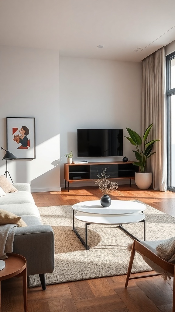 A cozy minimalist living room featuring a light-colored sofa, a modern coffee table, and a plant, with a TV and artwork on the wall.