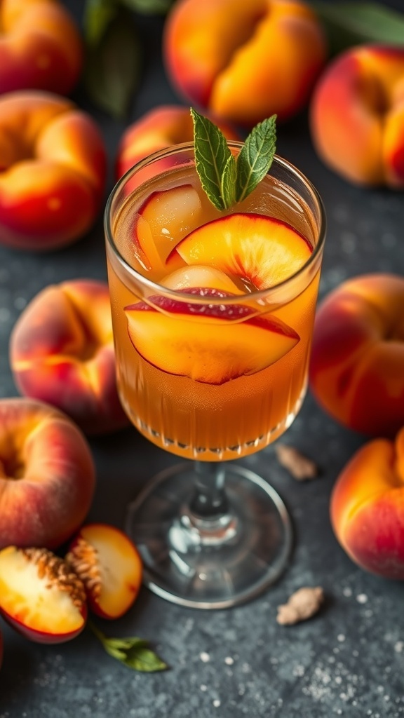 A refreshing Spicy Ginger Peach Mocktail garnished with mint leaves, surrounded by fresh peaches.