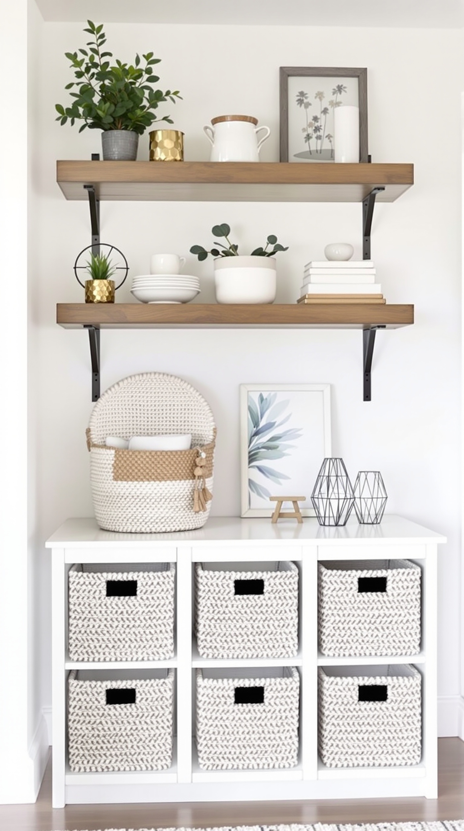 Stylish storage solutions in a warm neutral living room with woven baskets and open shelving.